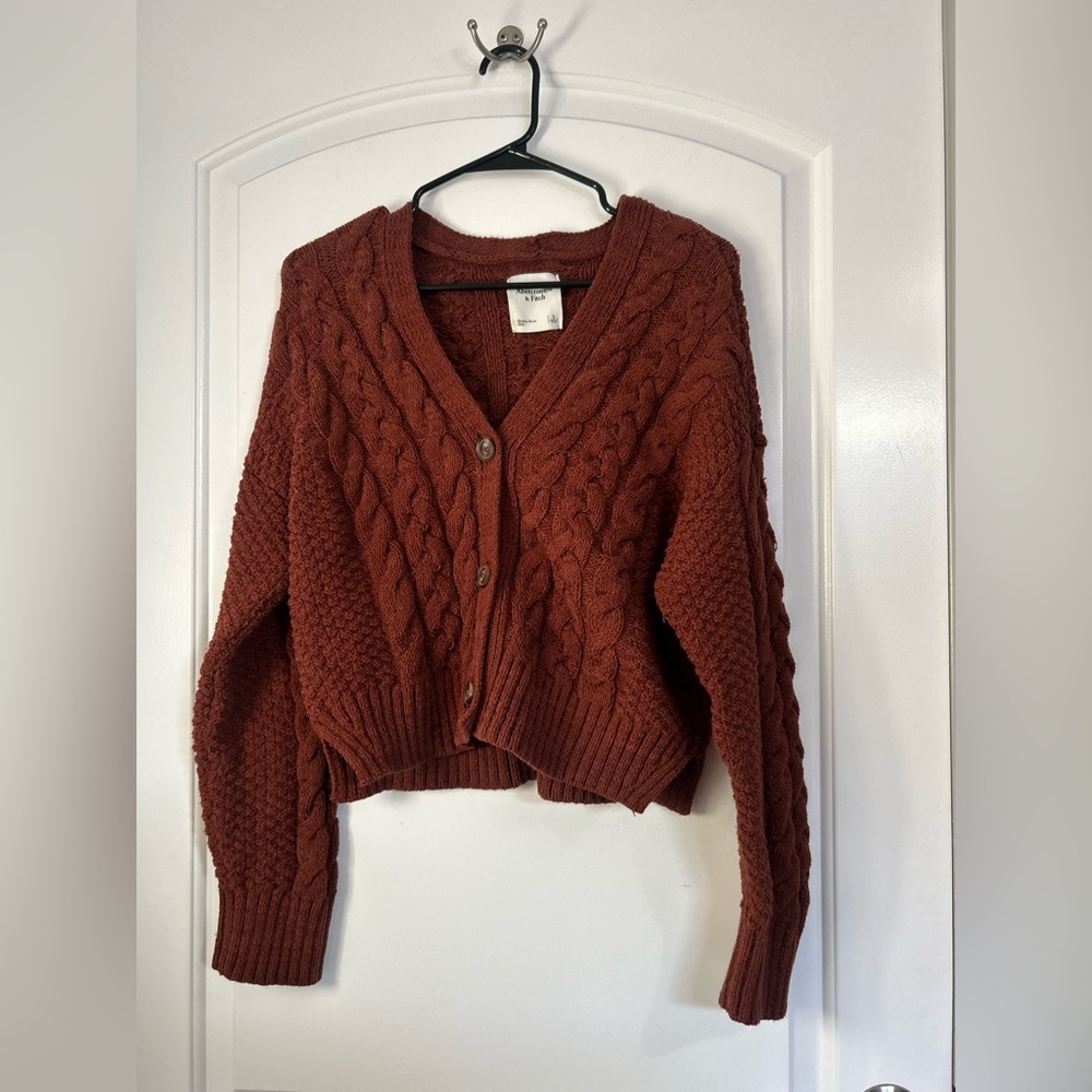 Abercrombie & Fitch Brown Orange Cable-Knit Crew Cardigan Size Small 90s preppy